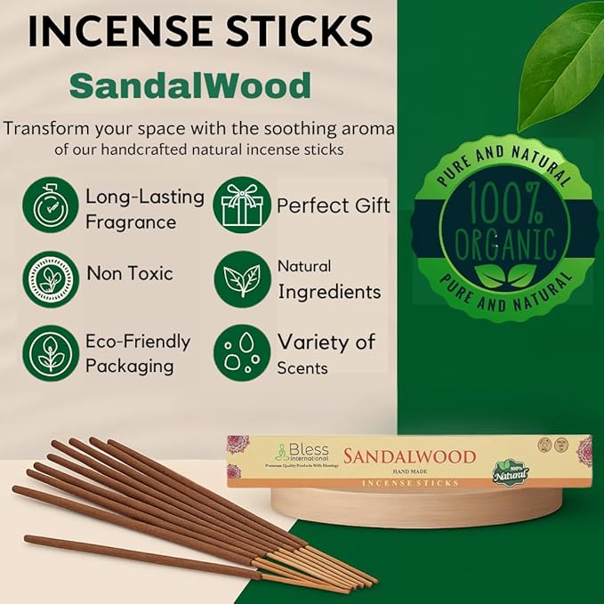 Bless-Sandalwood 100%-Natural-Handmade-Hand-Dipped-Incense-Sticks Organic-Chemicals-Charcoal-Free Purification-Relaxation-Positivity-Yoga-Meditation Best-Woods-Scent (100 Sticks (5.25 OZ))
