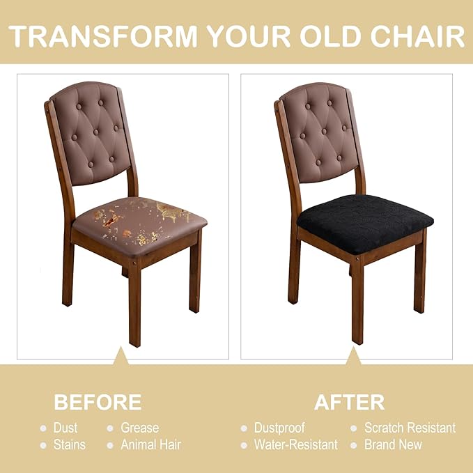 Waterproof Seat Cover for Dining Room Chair Seat Covers Washable Kitchen Chair Seat Slipcovers Protector (Black, 4 PCS)