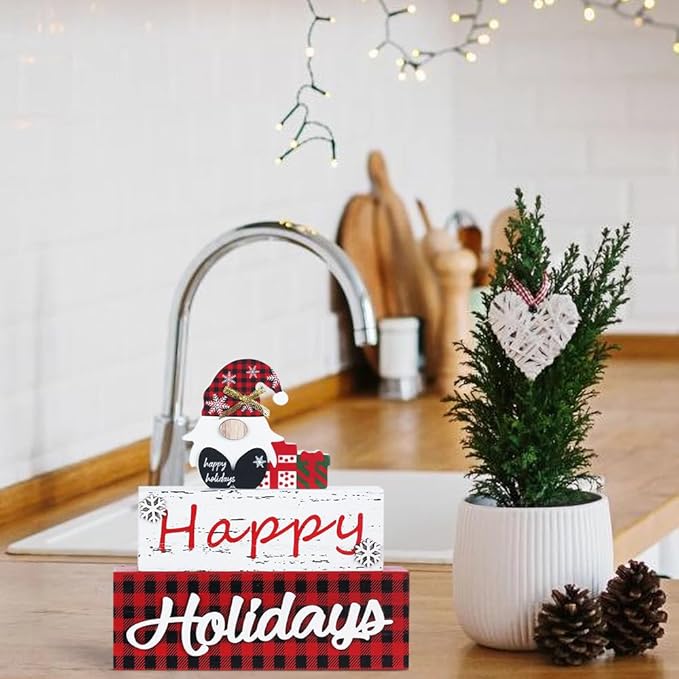 MEETYAMOR Christmas Decor, Large Size 3-Layered Gnome Wood Block with Happy Holidays Sign Christmas Table Decor, Farmhouse Rustic Xmas Decorations Indoor for Home, Mantle, Shelf, Living Room