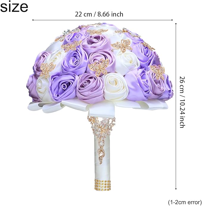 Handmade Floral Satin Rose Butterfly Shape Rhinestone Bridal Bouquet Luxury Golden Rhinestone Artificial Flowers for Wedding
