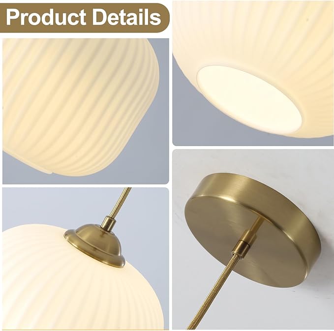 Gold Milk Glass Pendant Light Antique Brass Hanging Light Small White Pendant Lights Kitchen Island Vintage Ribbed Glass Ceiling Light Mid Century Modern Dining Room Pendant Lighting