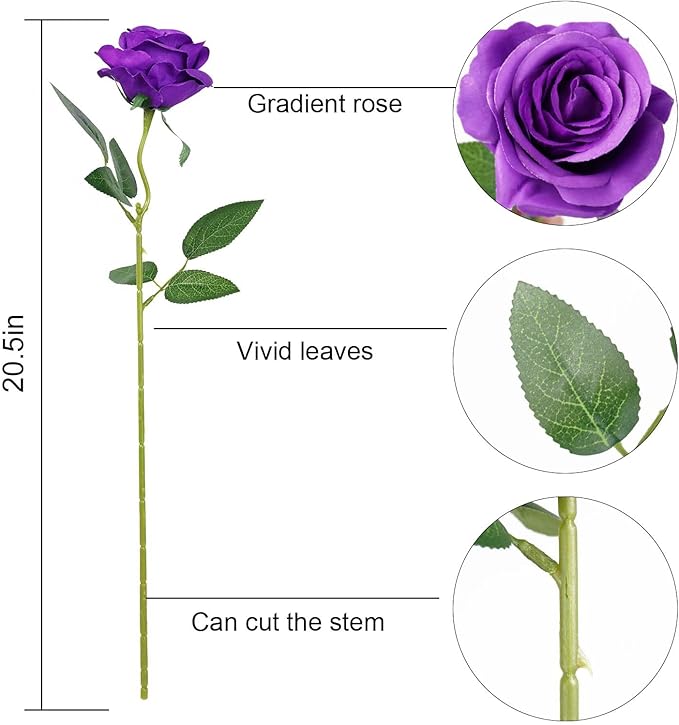 Flojery 10pcs Purple Silk Roses Artificial Rose Flowers Long Stem for DIY Wedding Bouquet Table Centerpiece Home Décor