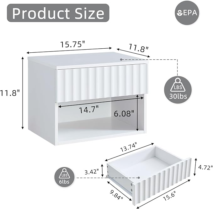 Floating Nightstand with Fluted Drawer - Modern Wall Mounted Bedside Table with Open Storage Shelf, Small Night Stand TV Stand for Bedroom(Matte White, Set of 2)