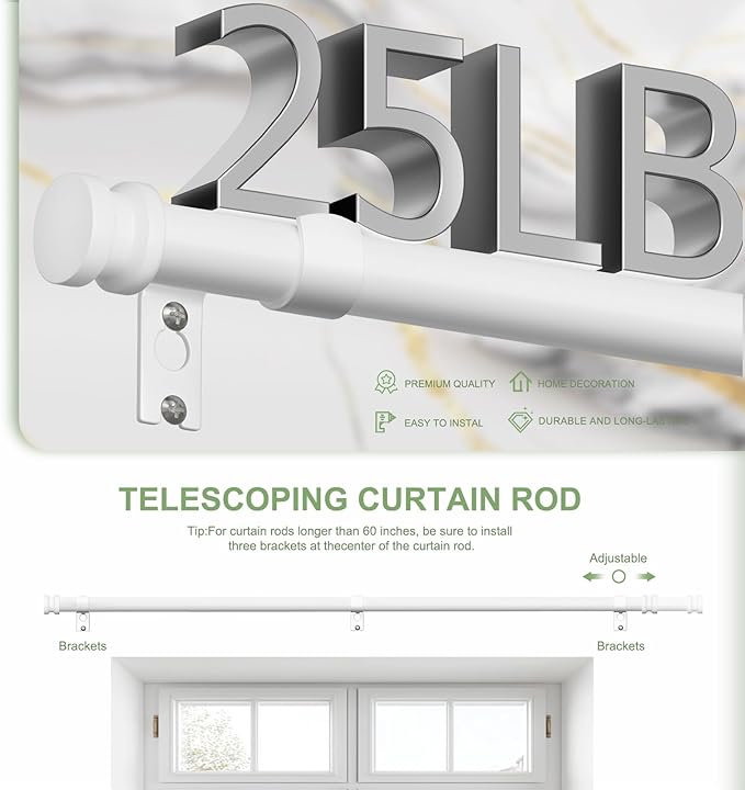 Sturdy Durable Curtain Rod:White Curtain Rods for Windows 36-88 Inch,Adjustable Heavy Duty Curtains Rod for Bedroom/Kitchen/Dorm/Apartment/Door,Small Modern Decorative Drapery Rods (All-Metal)