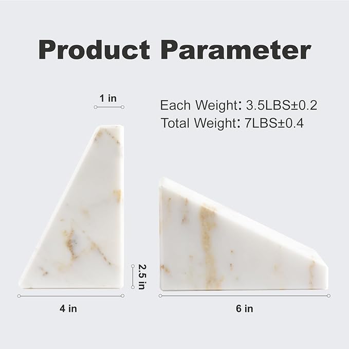 Marble Bookends for Heavy Books, Calacatta Decorative Book Ends for Shelves, Unique and Heavy Bookends for Hardback Book & Cookbooks, Stone Book Stopper, Modern Book Holder,Set of 2