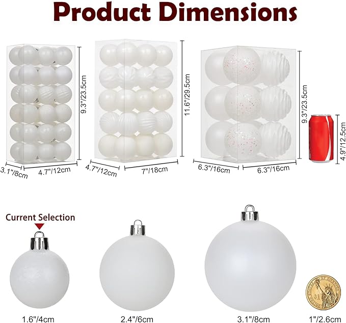 Hollyone 1.57" Pearl-White Christmas Ornaments - 36 Pcs Mini Shatterproof Plastic Christmas Tree Decorations with Hanging Loop