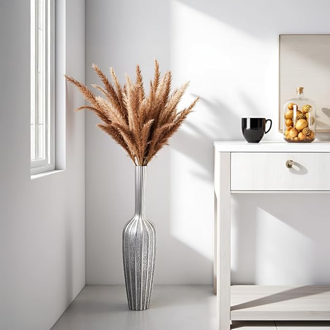 Elegant Silver Floor Vase - 23.62 Inch Tall Decorative Vase for Dried Flowers & Home Décor, Resin Tall Floor Vase, Silver Vases