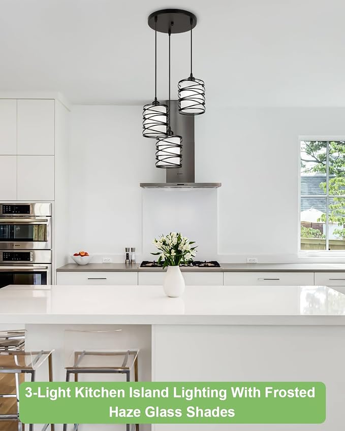 Black Pendant Lights for Kitchen Island 3-Light Pendant Light Fixtures with Frosted Glass Shades, Spiral Iron Kitchen Island Lighting Adjustable Pendant Lighting for Dining Room, Kitchen
