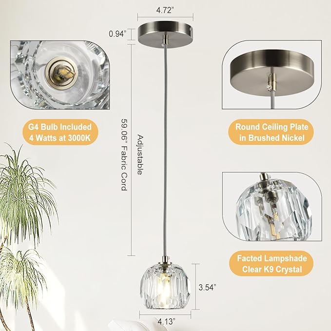 Modern Crystal Pendant Light, Brushed Nickel Single Pendant Light Fixture, Small Crystal Kitchen Island Hanging Lighting for Dining Room Bathroom