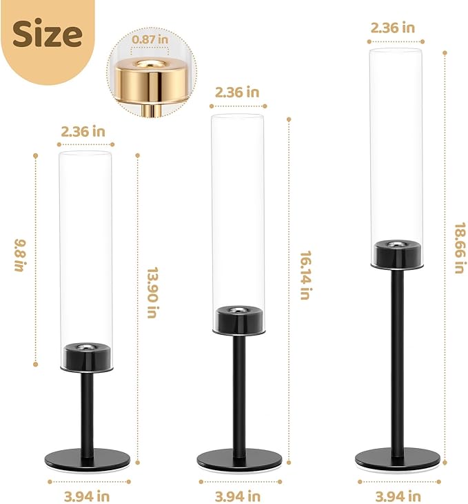 Black Hurricane Candle Holders Set of 6, Tall Metal & Windproof Glass Taper Candle Holders, Outdoor/Indoor Table Centerpieces for Weddings, Christmas, Parties, Fireplace Decor