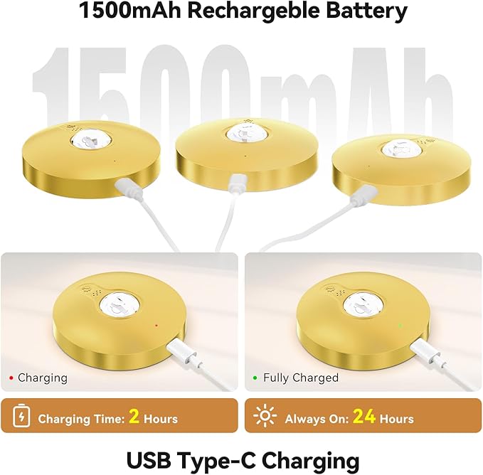 Rechargeable Puck Lights with Remote, 6 Pack Magnetic Under Cabinet Lighting, 1500mAh Battery Operated LED Tap Lights with Dimmer & Timmer for Kitchen, Closet, Shelf - 3 Color Temps & 12 RGB, Gold