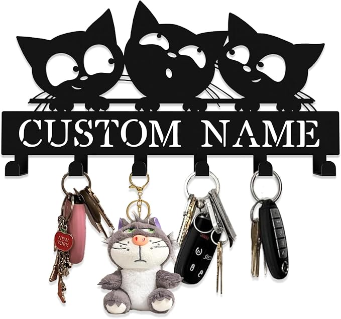 Personalized Metal Key Rack Hooks, Key Holder Wall Mounted Key Hooks, Cat Theme Wall Decoration Hooks, Key Hanger Organizer for Living Room, Entryway, Bathroom, Office Decor