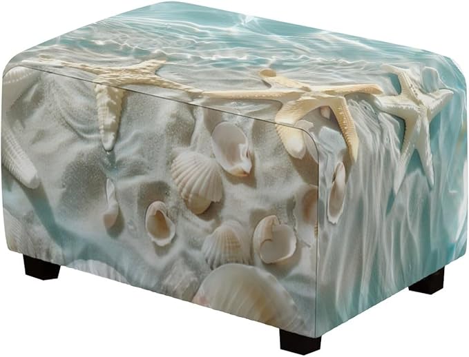 Ottoman Cover Rectangular Beach Starfish Thick Ottoman Slipcovers Elastic Nonslip Folding Storage Footrest Stool Cover Easy to Install Furniture Protector for Foot Stool Decor