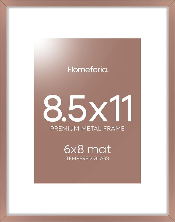 Homeforia Mocha Picture Frame 8.5 x 11, High End Metal 8.5x11 Poster Frames with Mat 6x8 Photo, 8.5 x 11 Frame Matted to 6 by 8 Art, 8.5by11 Wall or Tabletop Frames, Tempered Glass, Wall Kit, Set of 1