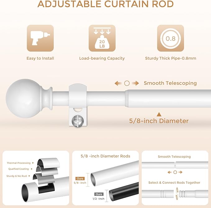 White Curtain Rods 66 to 120 Inches(5.5-10 Feet),5/8 inch Splicing Drapery Rods,Small Curtain Rods Set,Size: 36''-120'', White