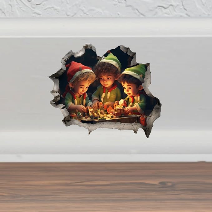 Santa's Elves Hole in Wall 3D Prank Peel and Stick Sticker - Funny Hole in Wall 2-Pack | 5-Inch on Widest Side | Made in USA FHJ1379