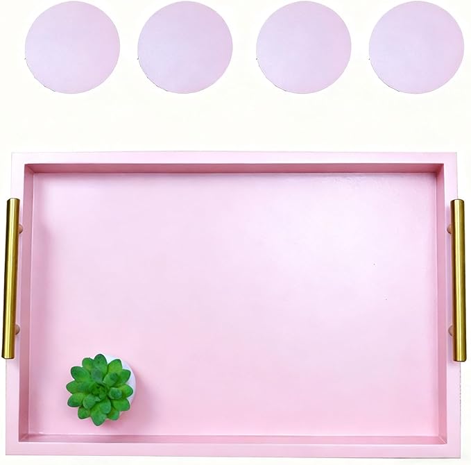 Serving Tray 16.5“X 13“Deluxe Wooden Ottoman Tray for Coffee Table with Polished Gold Metal Handles and 4 Coasters, Living Room Bathroom Coffee Bar Organizer Modern Decorative Pink Tray