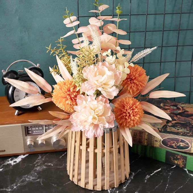 KIRIFLY Artificial Fake Flowers Plants Silk Flower Arrangements Wedding Bouquets Decorations Plastic Floral Table Centerpieces for Home Kitchen Garden Party Décor (Pink Orange)