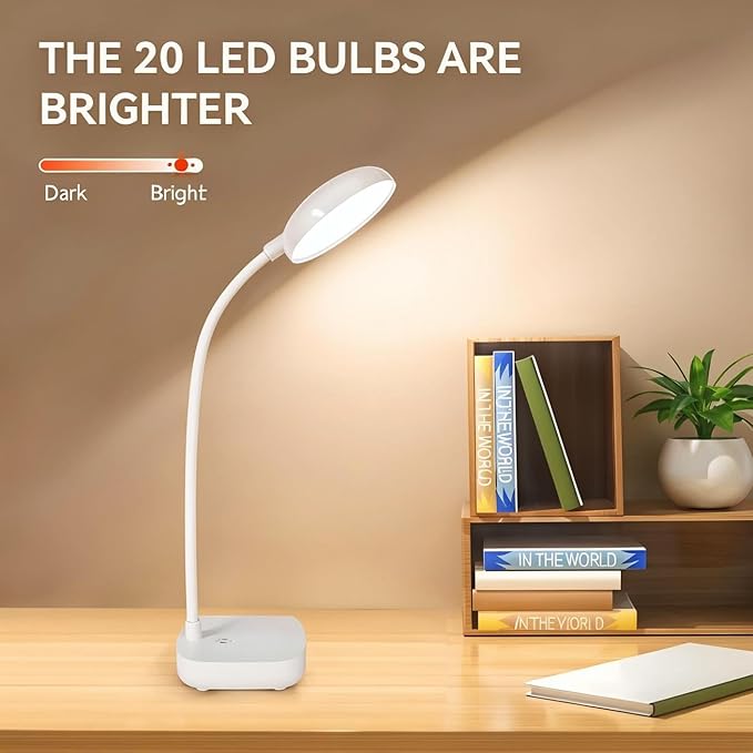 Small Battery Powered Desk Lamp,Wireless Portable Reading & Office Lamp,400LM Rechargeable LED Light,3 Colors (White/Warm White/Warm),360°Gooseneck Hose,Adjustable brightness,20 LED for Bedroom & Desk