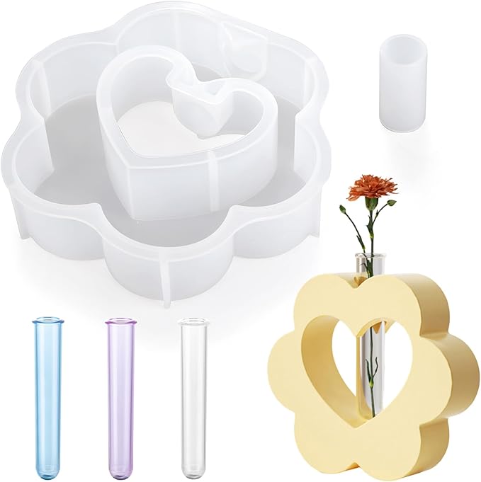 Vase Resin Molds with 3 Test Tube Heart Resin Silicone Vase Mold for Epoxy Resin Casting Hydroponic Flower Preservation DIY Wedding Centerpiece Home Decor (Flower Shape)
