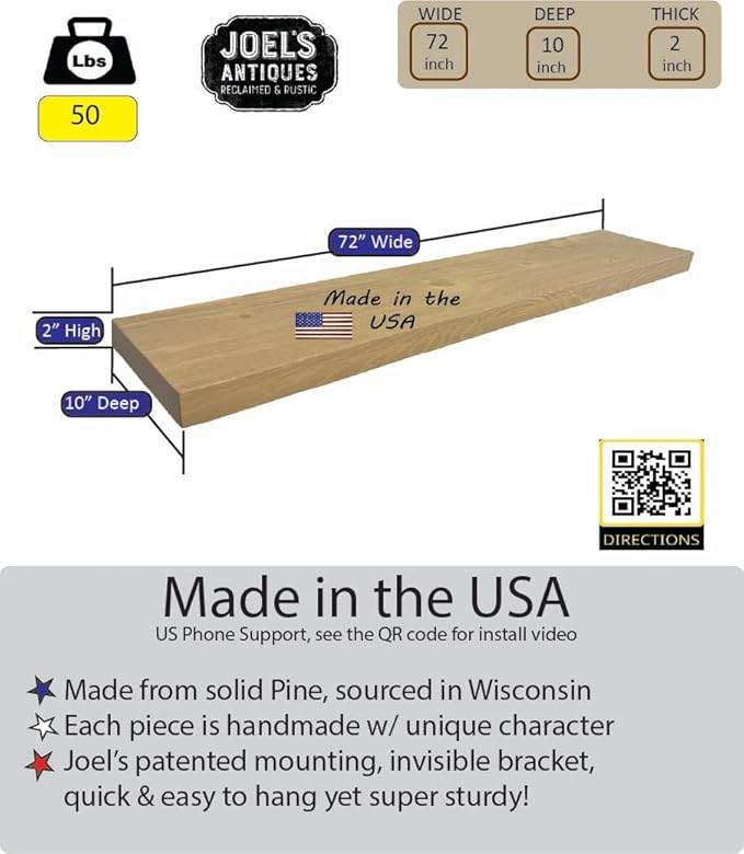 joelsantiques - 72 Inch Wooden Floating Shelves for Wall - 72x10x2 in - Made of Natural Wood - Long Heavy Duty Wall Shelves for Bedroom - Perfect for Living Room, Kitchen - Beige