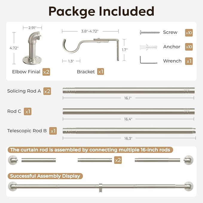Zeerobee Curtain Rods for Windows 32 to 72, 1 Inch Industrial Wrap Around Curtain Rod, Indoor/Outdoor Room Divider Adjustable Drapery Pole, 32"-72", Brushed Nickel