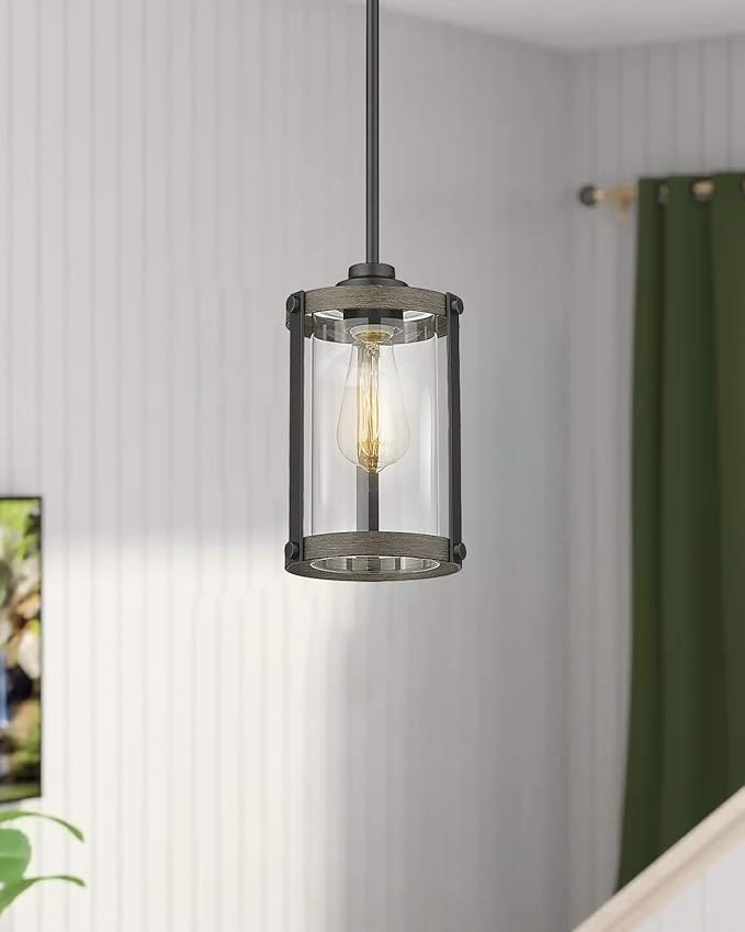 Farmhouse Pendant Light Fixtures, 1-Light Black Glass Pendant Lights for Kitchen Island, Industrial Rustic Mini Hanging Lighting with Rod, Wood Finish, Adjustable Length, OS-3014