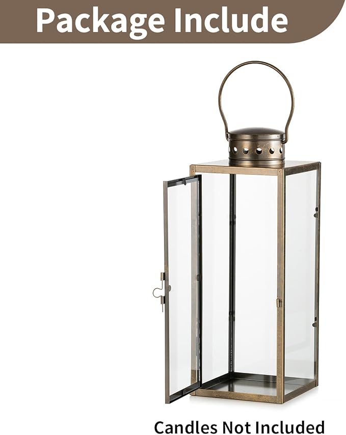 NUPTIO Large Lanterns Decorative Outdoor: 13.8 inches Tall Rustic Floor Metal Lantern with Glass - Vintage Gold Candle Holder for Wedding Christmas Fireplace Table Porch Door Garden