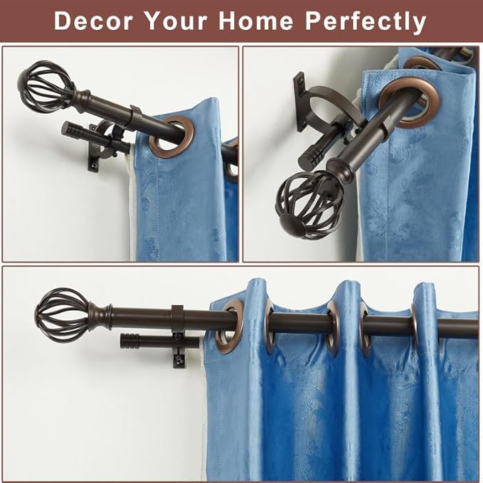 Brown Double Curtain Rods 72-144", Decorative Double Curtain Rods with Round Cage & Barrel Finials, 1-Inch Front and 5/8 Inch Back Double Rod Curtain Rod, Adjustable Double Drapery Rod