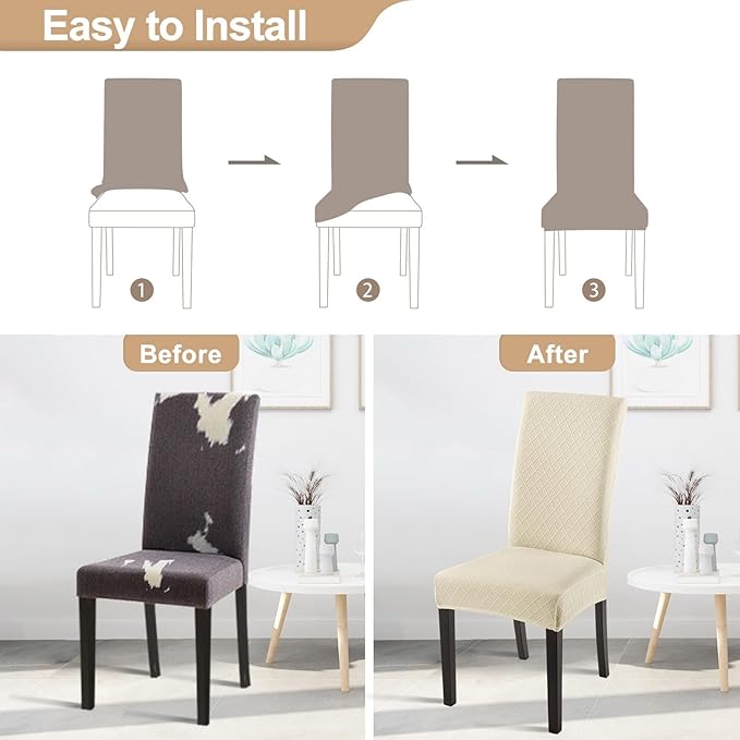 SearchI Dining Room Chair Covers Set of 6, Stretch Jacquard Parsons Chair Slipcovers Super Fit Removable Washable Kitchen Chair Protector Cover for Dining Room, Hotel, Ceremony (Beige Rhombus)