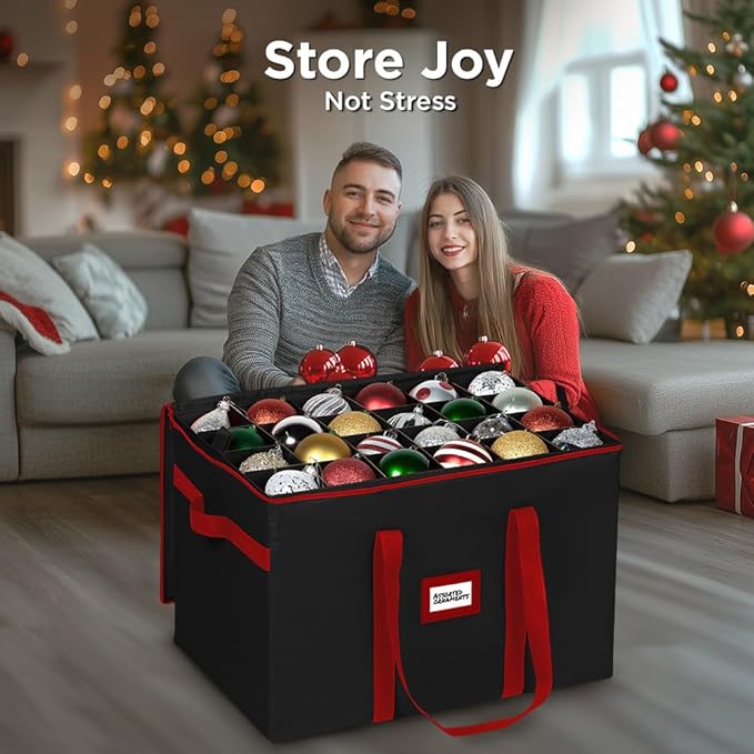 Christmas Ornament Storage Container,Box Stores Up to 96-4 inch ornaments, Adjustable Dividers, Large Organizer Bin to Protect and Store Holiday Décor - Black