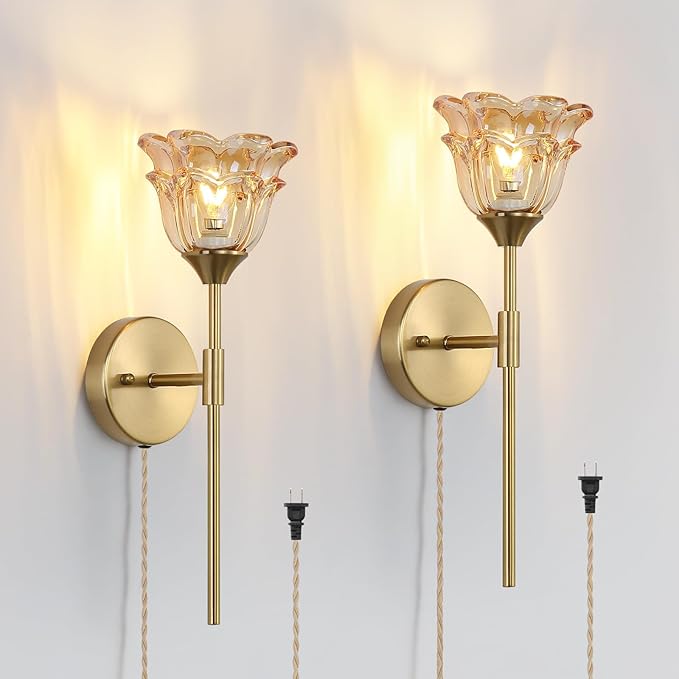 2 Pack Plug in Gold Wall Sconce with Modern Amber Glass Shades, Modern Mid Century Bathroom Vanity Wall Light Fixtures, Industrial Brushed Brass Wall Lamp, for Bedroom Mirror Living Room