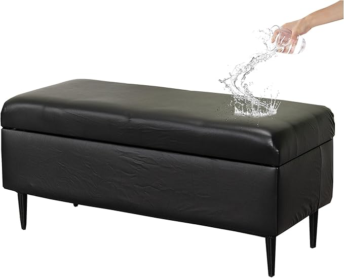 CRFATOP Waterproof PU Ottoman Stool Cover Stretch Folding Storage Footstool Bench Slipcovers Upholstered Foot Chest Chair Covers Washable Entryway Furniture Protector with Elastic Bands,M,Black