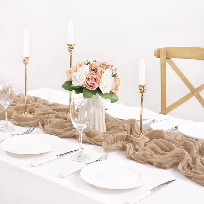 MLMC 8 Pack Nude Cheesecloth Table Runner Boho Rustic Gauze Taupe Cheese Cloth Table Runner 10ft Neutral Home Decor 35x120 Inches for Reception Wedding Bridal Shower Picnic Decor