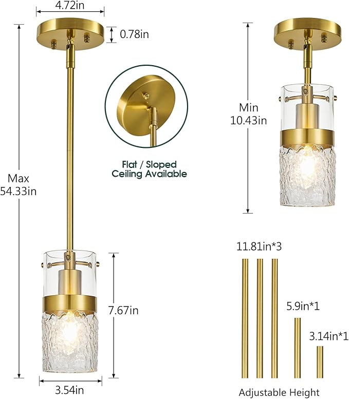 Modern Gold Pendant Light Adjustable Hanging Lighting Transparent Hammer Glass Chandelier for Kitchen Island Dining Room Bathroom Bedroom (3Pack)