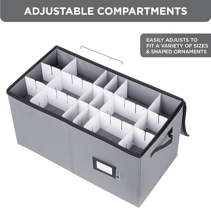 Christmas Ornament Storage Container with Dividers - Box Stores Up to 54 Ornaments, Zippered, Convenient, Adjustable, Large Organizer Bin to Protect Holiday Décor, Fits Most Standard Size, Grey