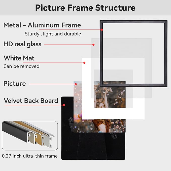 4x4 Picture Frame Set of 3, Black Aluminum Metal Square Photo Frame with HD Glass, Fits 3x3 with Mat or 4 x 4 without Mat, Display For Tabletop or Wall Collage