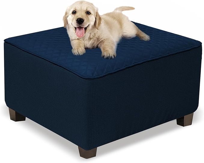 NeColorLife Ottoman Cover Square Waterproof Ottoman Slipcover Thick Storage Footrest Stool Covers Furniture Protector for Pets(Small Size,Navy Blue)
