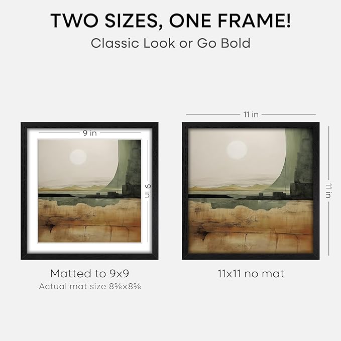 Homeforia 11x11 Black Wood Frame, High-End Oak 11 x 11 Square Picture Frames with Mat 9 by 9 inch Photo, 11by11 Wooden Frame Matted to 9x9 Art, Wall Hanging Frames, Tempered Glass, Wall Kit, Set of 2