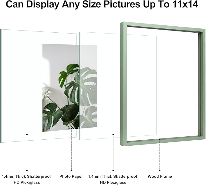 Egofine 11x14 Floating Frames Set of 2, Double Plexiglass Picture Frame, Made of Solid Wood Display Any Size Photo up to 11x14, Wall Mount or Tabletop Standing, Green
