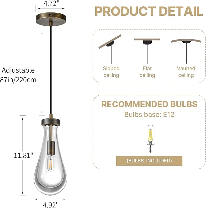 Raindrop Pendant Lights Kitchen Island: 2 Vintage Copper Teardrop Hanging Light - Crystal Pendants Light over Dining Table - Durable Raindrops Lights Fixture for Bedroom Kitchen Island Bulbs Included