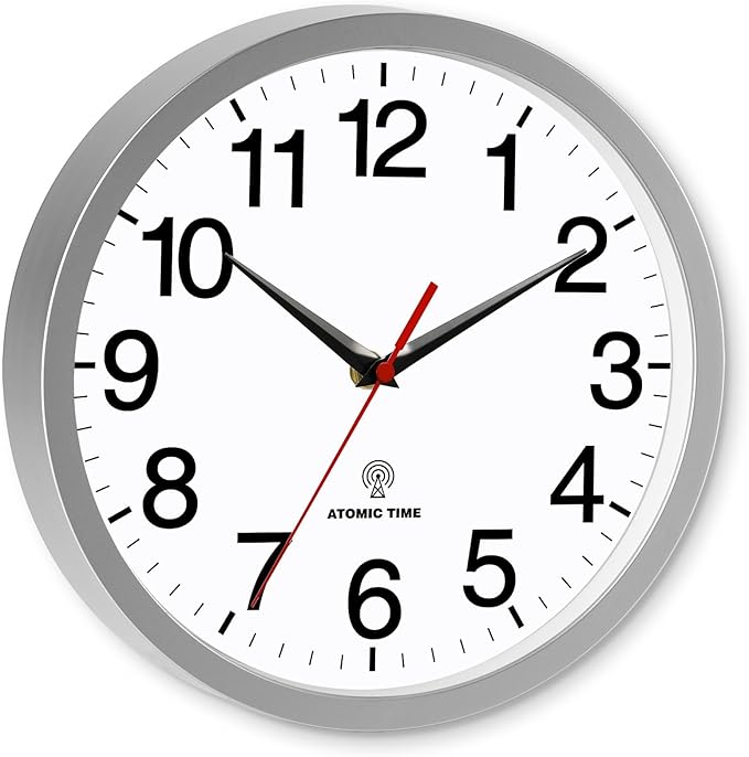 Atomic Wall Clock Modern 10 Inch Battery Operated Analog Clock Decorative for Bedroom Kitchen Bathroom Office Home Living Room (Silver)