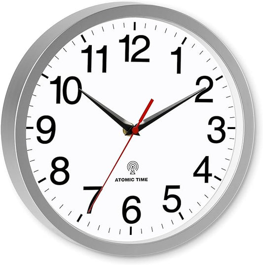 Atomic Wall Clock Modern 10 Inch Battery Operated Analog Clock Decorative for Bedroom Kitchen Bathroom Office Home Living Room (Silver)