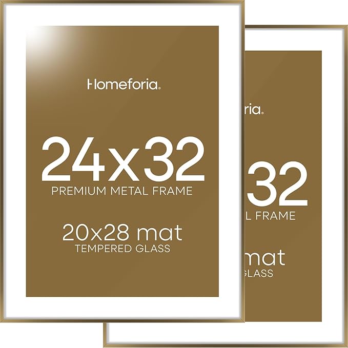 Homeforia 24x32 Picture Frame Bronze, High End Metal 24 x 32 Large Poster Frames with Mat 20 by 28 Photo, 24x32 Brass Frame Matted to 20x28 Print, 32x24 Thin Frames, Tempered Glass, Wall Kit, Set of 2