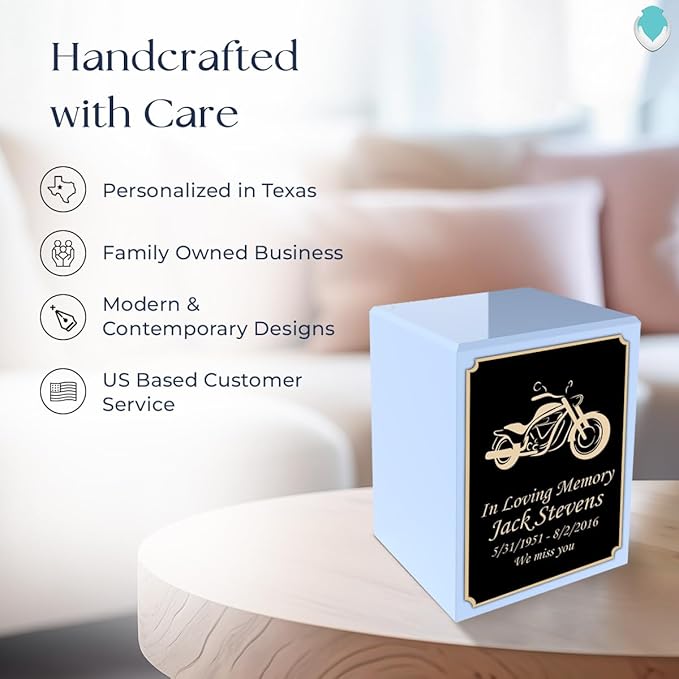 GetUrns Custom Motorcycle Small Urn Box for Human Ashes I Personalized Wooden Keepsake Cremation Urn for Male or Female I Light Blue Memorial Box I 40lbs