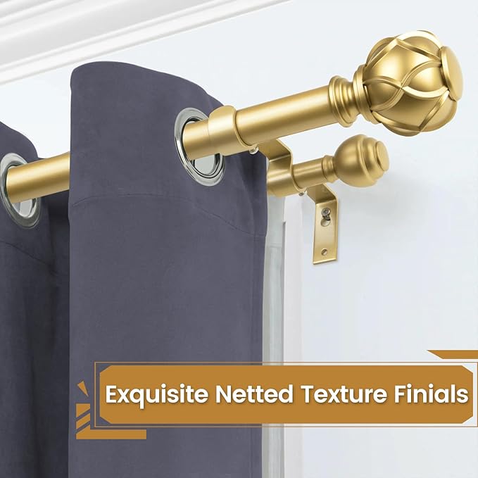 KAMANINA 1 Inch Double Curtain Rods for Windows 72 to 144 Inches (6-12 Feet)，Warm Gold Heavy Duty Double Curtain Rod, Telescoping Drapery Rod with Netted Texture Finials