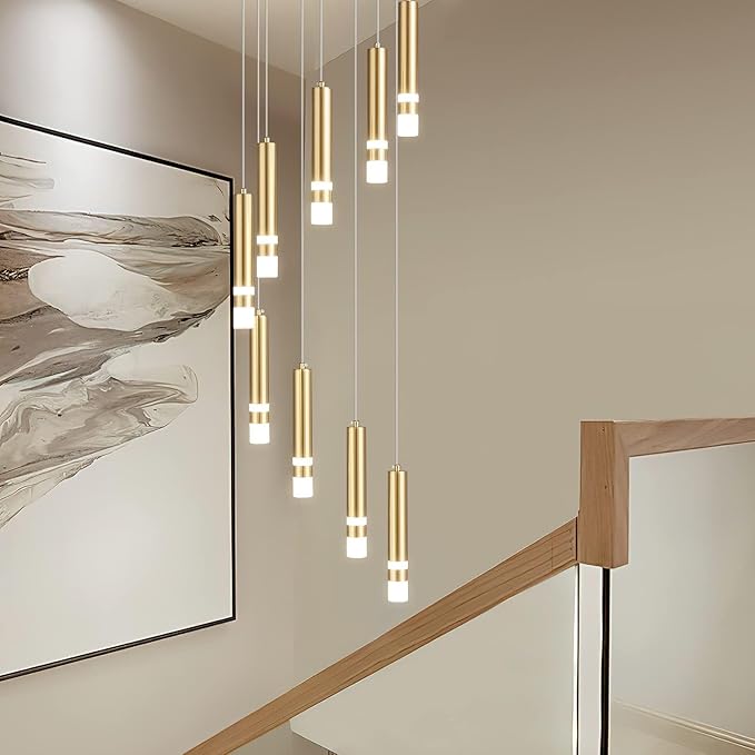 9-Light Modern Pendant Light Fixture Dimmable LED 54W Gold Staircase Large Chandelier Lobby Living Room Bedroom Foyer High Ceiling Chandelier