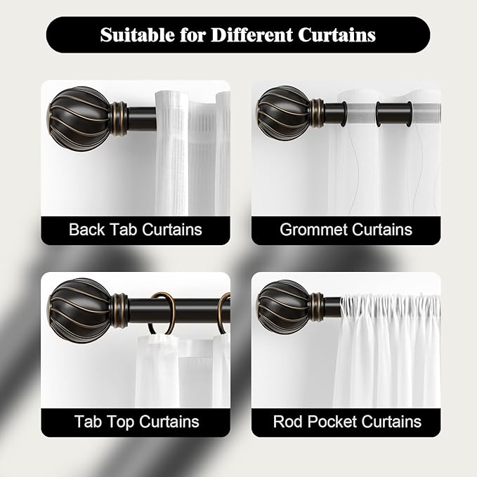 Oneach 2 Pack Black Curtain Rods for Windows 72 to 144 Inch, 7/8" Adjustable Heavy Duty Decorative Drapery Rods with Round Netted Texture Finials (36 to 150 Inch)
