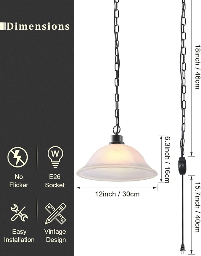 ANYLOVE Vintage Frosted Alabaster Plug in Pendant Light,12" Glass Shade,Black Chain,Adjustable Pendant Light,No Light Source,for Kitchen,Bedroom,Living Room