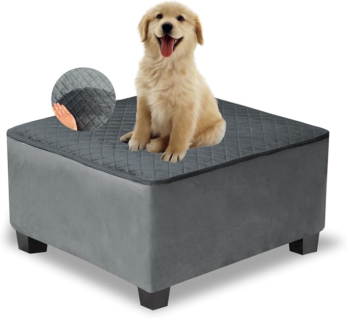 NeColorLife Waterproof Square Ottoman Cover,Thick Stretch Velvet Slipcover for Footstool,Non-Slip Soft Furniture Protector for Pets and Dogs,Dark Gray,Medium